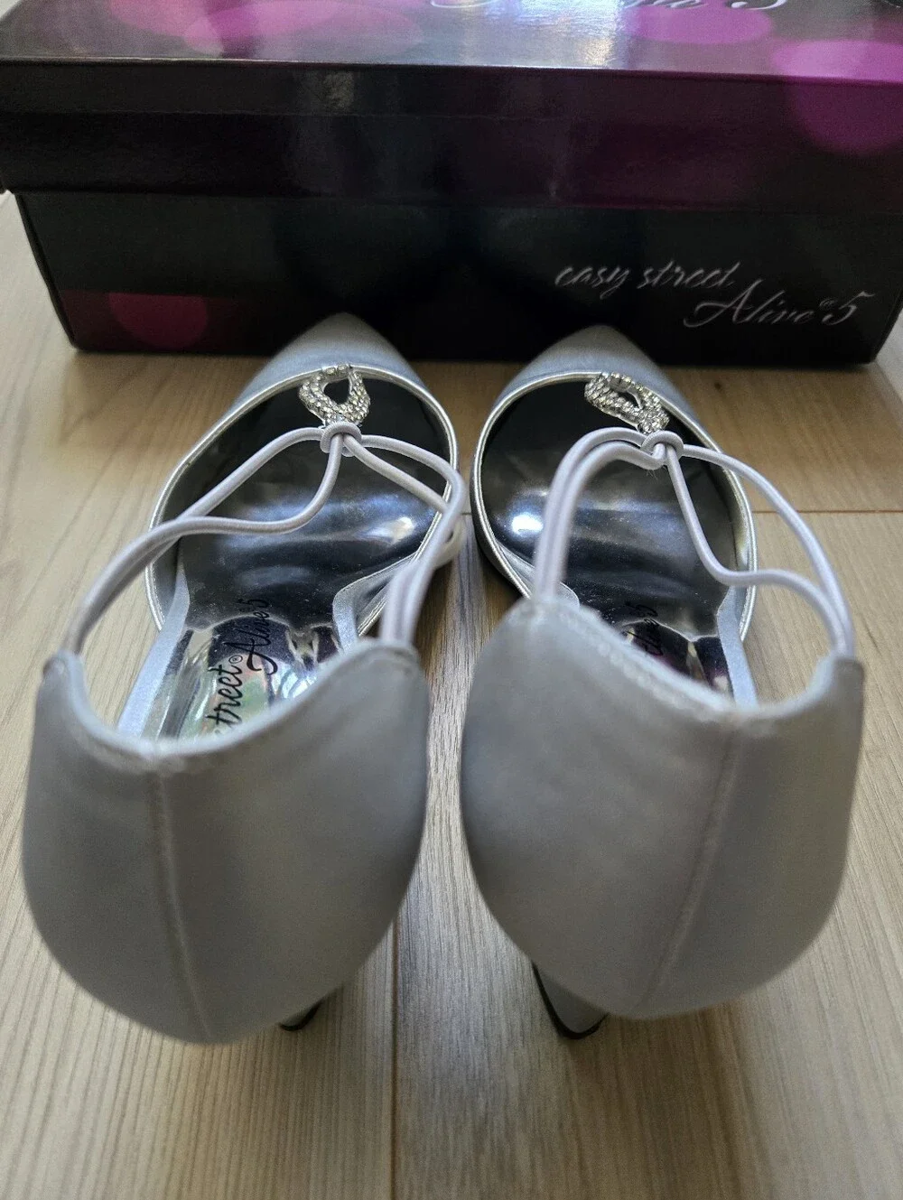 Easy Street Moonlight Silver T-Strap Pumps with Crystal Accent
